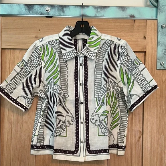 Tory Burch Printed Linen Camp Shirt – Ivory Zebra Scarf (Size Small) | NEW - Picture 5 of 8